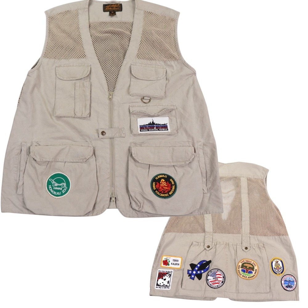 VTG Eddie Bauer Travel Utility Vest‎ Mens XL Cargo Camp Fishing Patches Hawaii